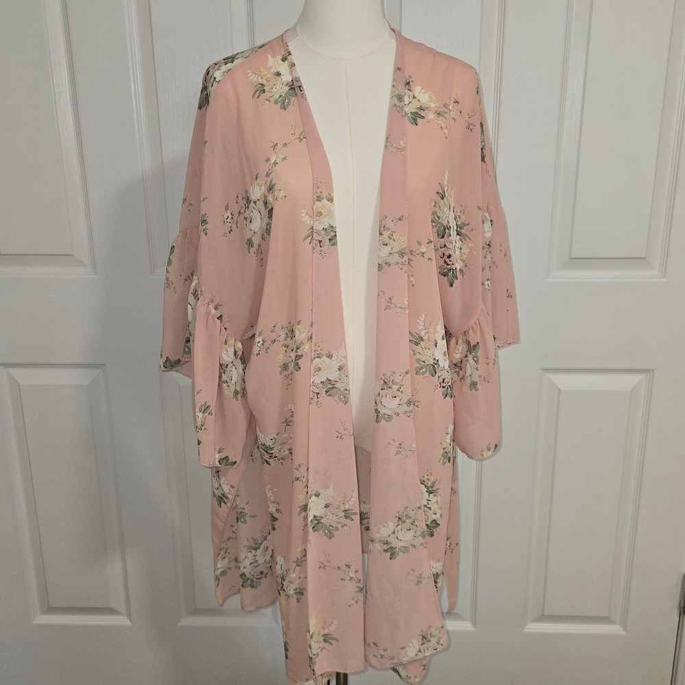 ANDTHEWHY Kimono Cardigan Women Large Pink Floral Ruffle Sleeve Open Front
